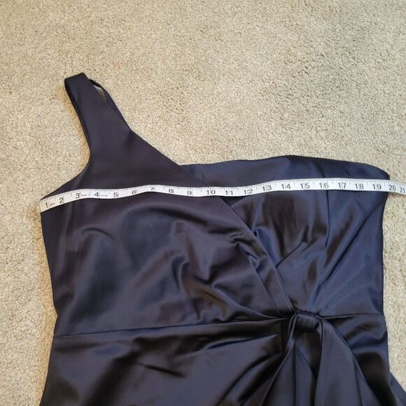 LAUREN Ralph Lauren Satin One-Shoulder Dress Navy Blue Size 14 - Picture 5 of 10